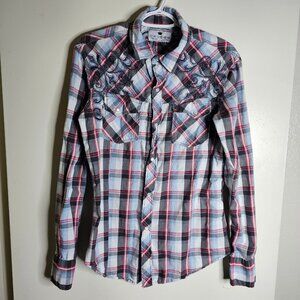 Pop Icon Clothing For Buckle BKE Blue Gray Red Plaid Pearl Snap Shirt Size SMALL
